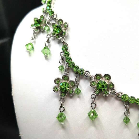 Peridot Green Crystal Necklace Clip Earrings Set, Rhinestones Crystals, 17" & 2" - Picture 7 of 11